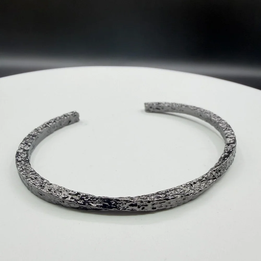 Gunmetal Silver Tone Textured Open Cuff Bracelet Gothic Boho Statement Jewelry